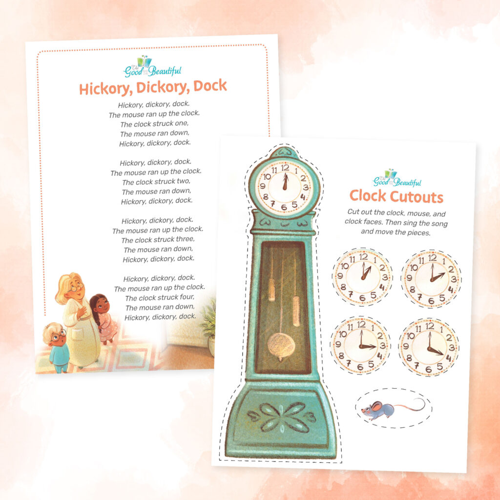 Printable PDF of Hickory Dickory Dock lyrics and puppets