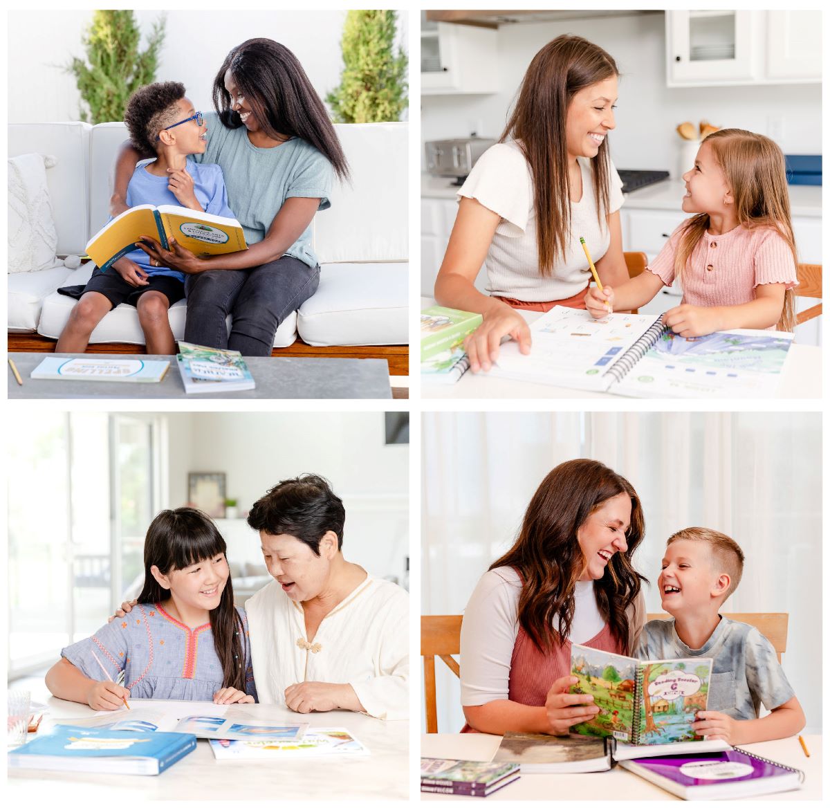 Photographs of Parents and Children working on Language Arts Homeschool Curriculum from The Good and the Beautiful