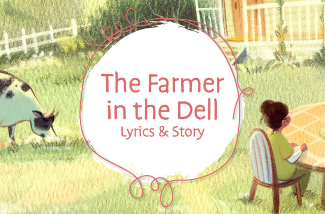 Illustration of Family sitting at Dinner Table in Pasture for The Farmer in the Dell Lyrics and Story