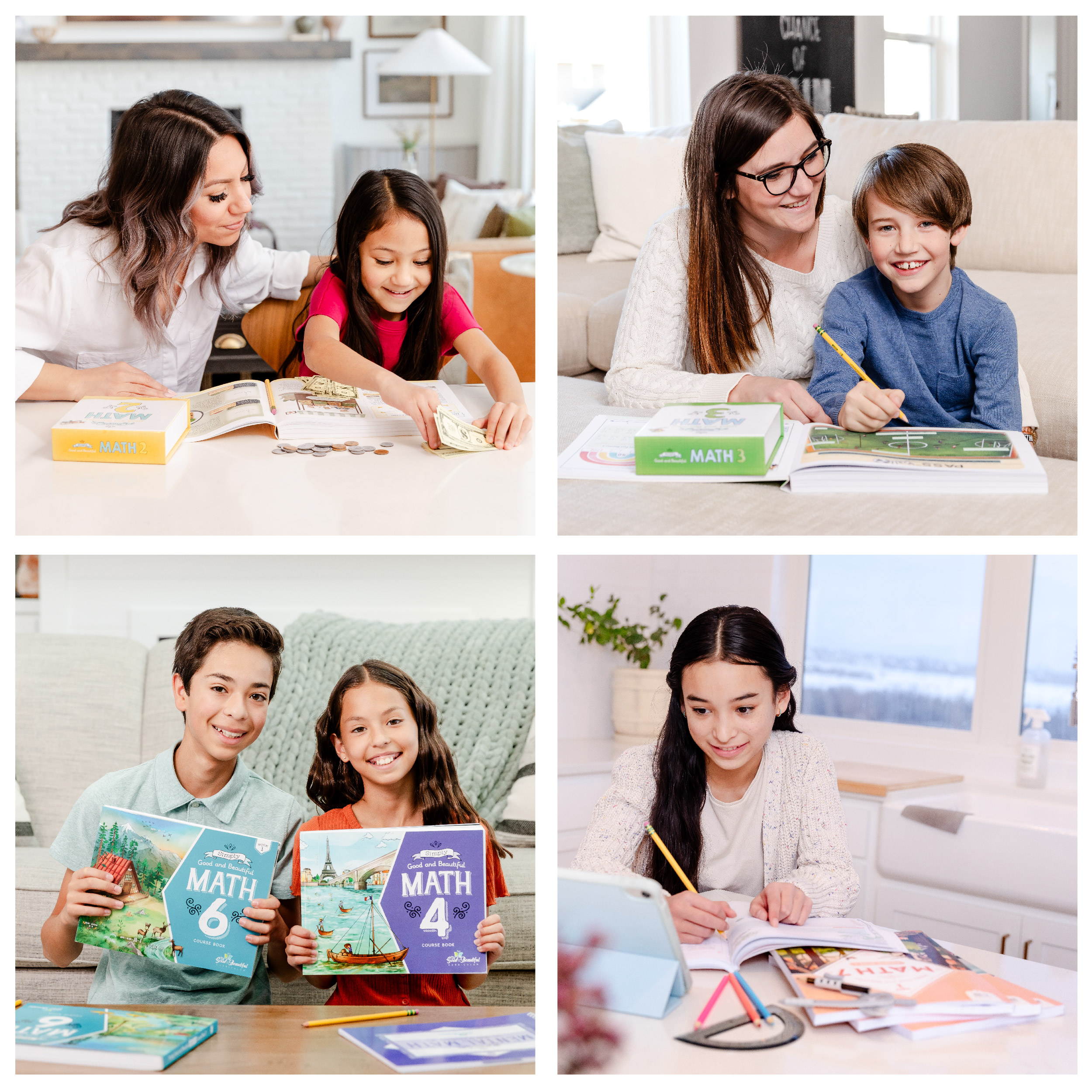 Photographs of Parents and Children Working on Homeschool Math from The Good and the Beautiful